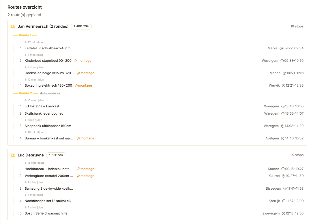 Route schedule per driver with time slots and delivery rounds
