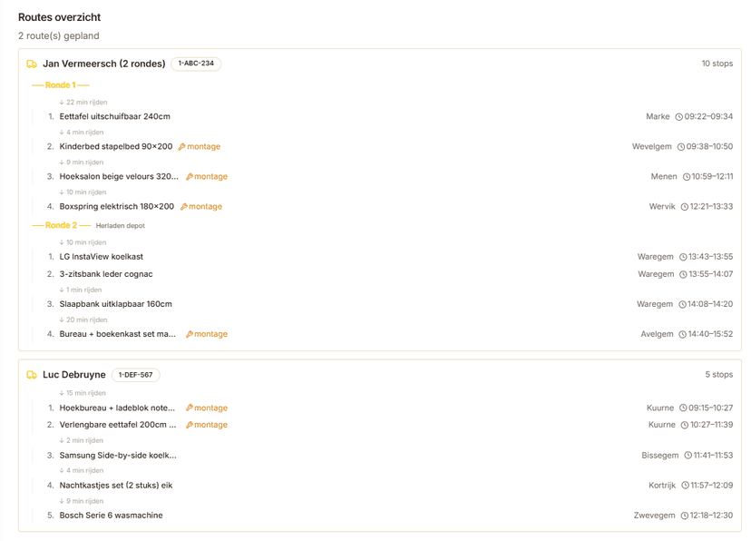 Route schedule per driver with time slots and rounds